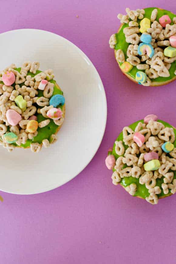 These Lucky Charms cereal donuts are a fun treat for St. Patrick's Day.