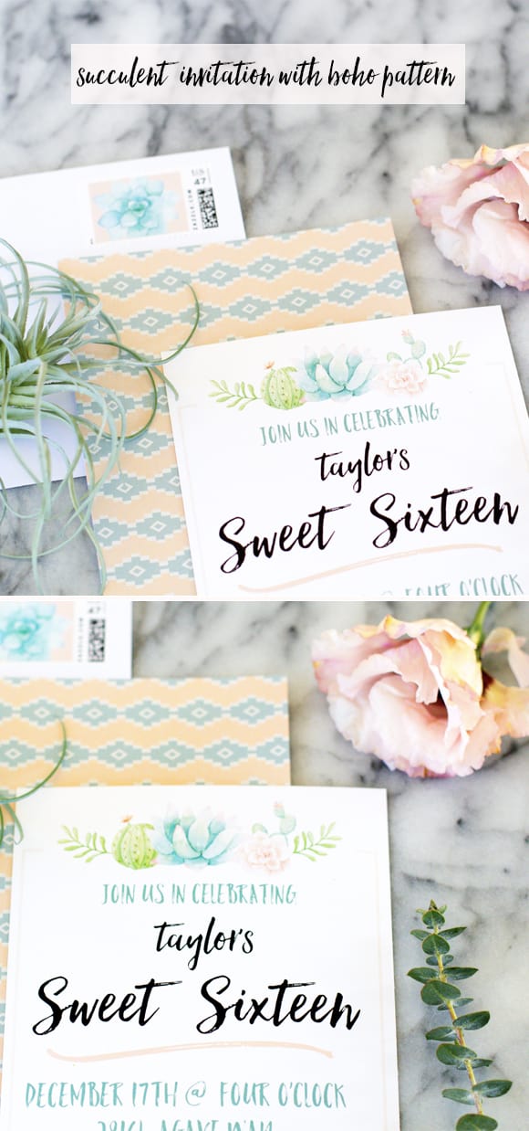 succulent party theme :: succulent invitation with boho pattern