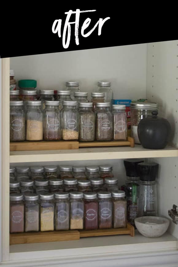 The finished view of our spice cabinet organization project