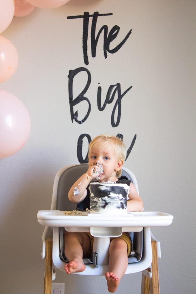 black and white first birthday cake