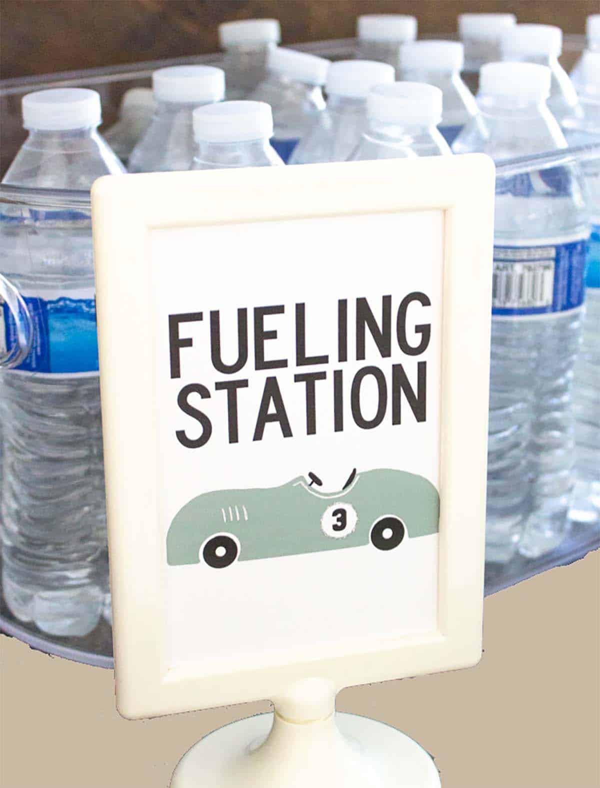 Fueling station signs for race car theme party